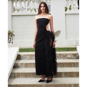 NWT Delfi Collective Feather Trim Cutout Strapless Black Gown Dress Size Large
